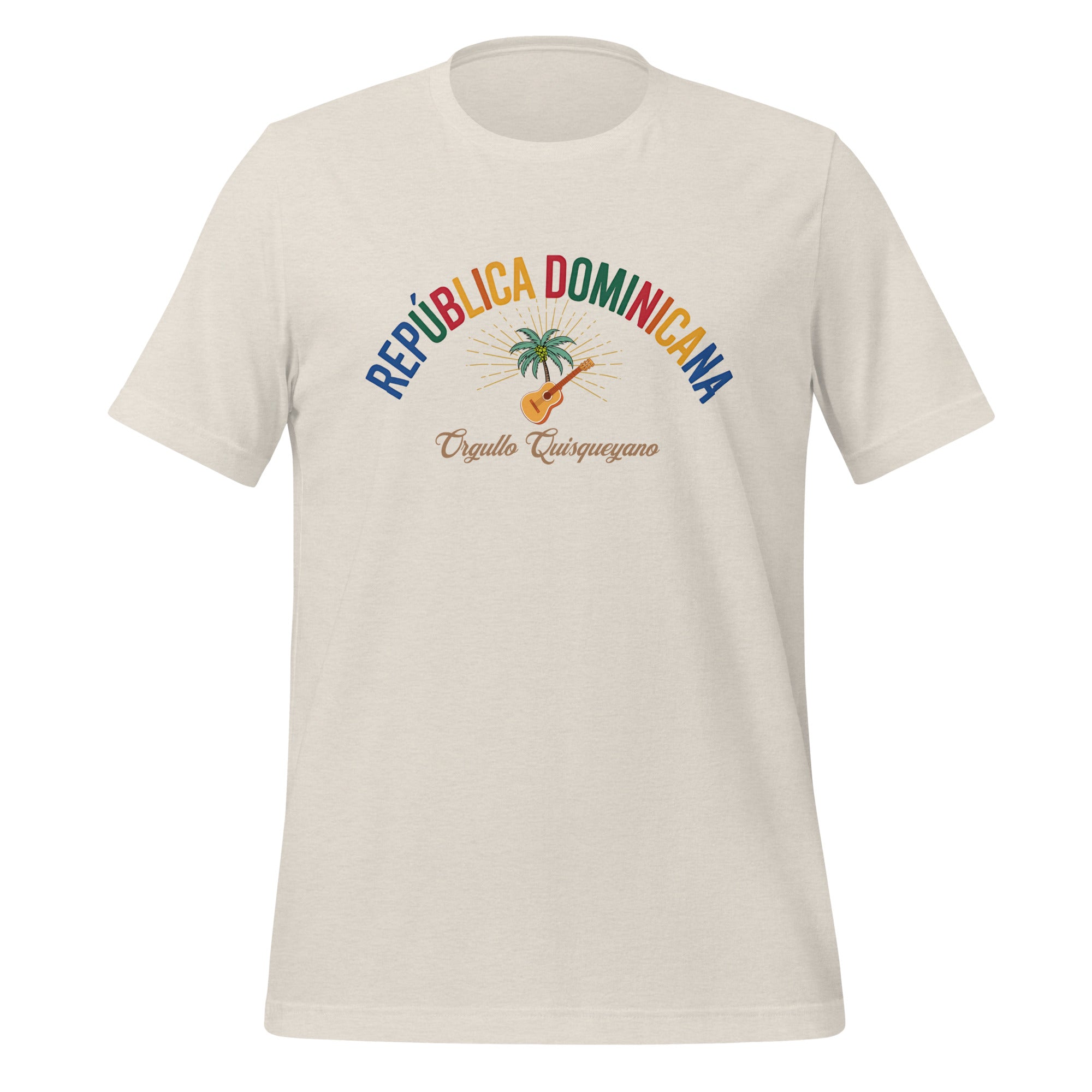 T-shirt con diseño colorido del país República Dominicana con texto “República Dominicana – Orgullo Caribeño”.